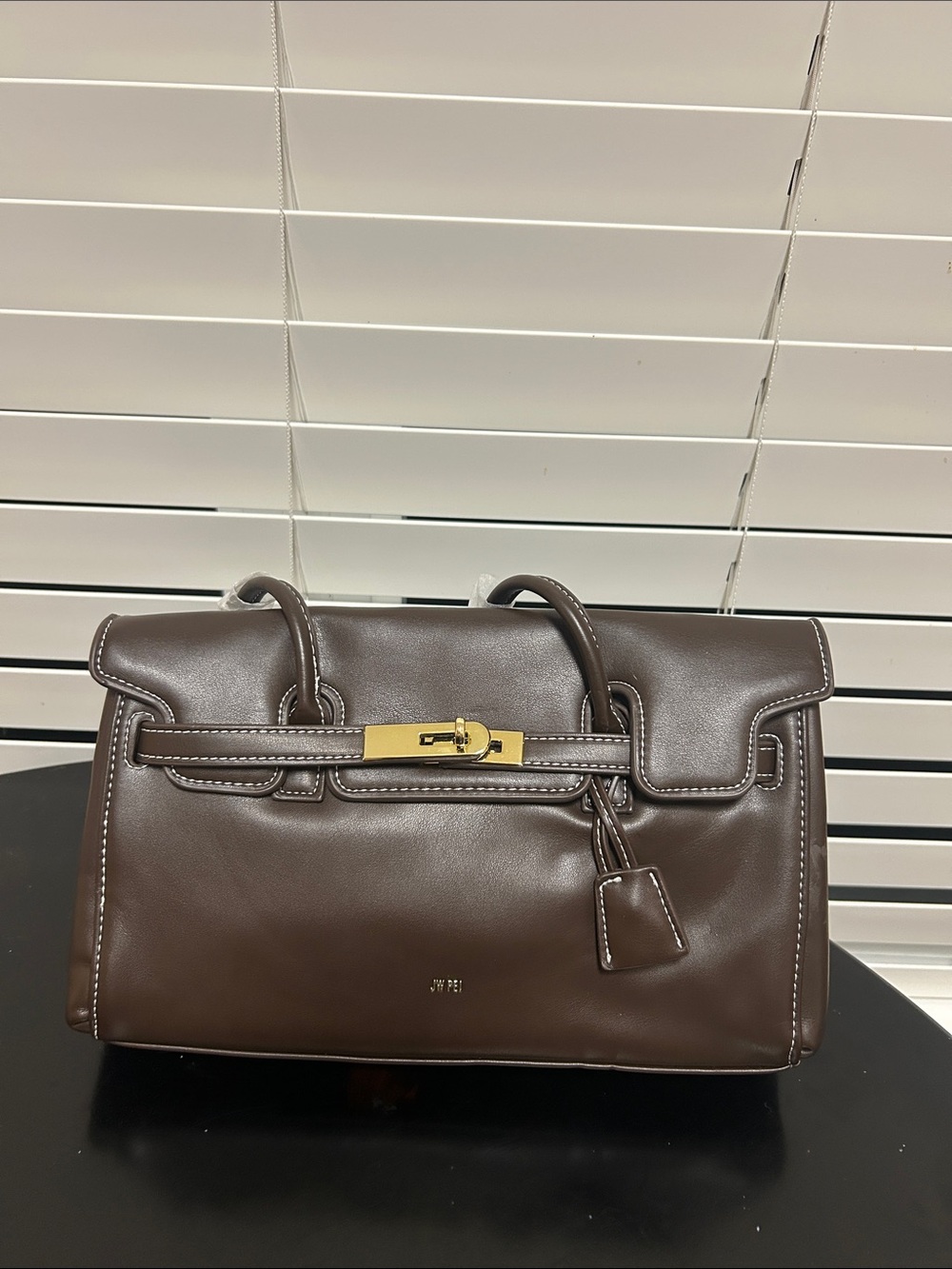 Brown Leather Top-Handle Tote with Gold Hardware